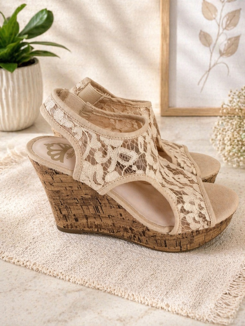 Fergalicious Beige Lace Cork Wedge Sandals